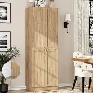 80" Storage Cabinet, Tall Arched Bookcase with 4 Soft Close Doors, 6-Tier Wooden Pantry with Adjustable Shelves, Seamless Fit Wall for Home Office, Living Room, Kitchen (Natural) 80" Storage Cabinet, Tall Arched Bookcase with 4 Soft Close Doors, 6-Tier Wooden Pantry with Adjustable Shelves, Seamless Fit Wall for Home Office, Living Room, Kitchen (Natural)