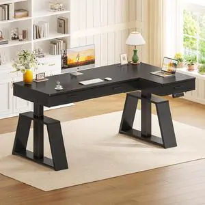 59 Inch L Shaped Electric Standing Desk with Drawers, Executive Adjustable Desk with Power Outlets, Monitor Stand, Sit Stand Computer Table for Home Office, Black 59 Inch L Shaped Electric Standing Desk with Drawers, Executive Adjustable Desk with Power Outlets, Monitor Stand, Sit Stand Computer Table for Home Office, Black