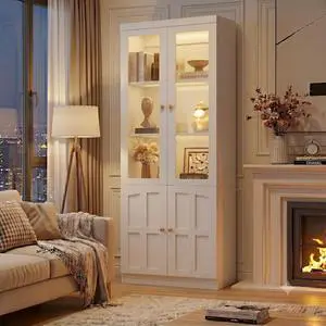 80" Bookshelf with Tempered Glass Doors and 3 Motion Sensor Lights, Farmhouse Bookcase with Adjustable Shelves, Thickened Top Panel, for Living Room & Home Office (White) 80" Bookshelf with Tempered Glass Doors and 3 Motion Sensor Lights, Farmhouse Bookcase with Adjustable Shelves, Thickened Top Panel, for Living Room & Home Office (White)