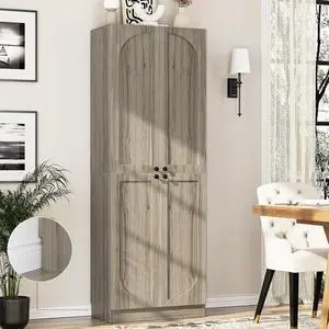 80" Storage Cabinet, Tall Arched Bookcase with 4 Soft Close Doors, 6-Tier Wooden Pantry with Adjustable Shelves, Seamless Fit Wall for Home Office, Living Room, Kitchen (Ash Grey) 80" Storage Cabinet, Tall Arched Bookcase with 4 Soft Close Doors, 6-Tier Wooden Pantry with Adjustable Shelves, Seamless Fit Wall for Home Office, Living Room, Kitchen (Ash Grey)