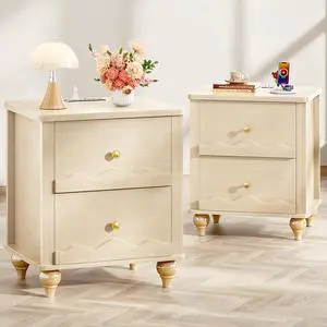 Natural Wood Nightstand with Charging Station Set of 2, Scalloped Bedside Table with 2 Smooth Drawers, Modern End Table with Solid Wooden Legs for Bedroom and Small Spaces Natural Wood Nightstand with Charging Station Set of 2, Scalloped Bedside Table with 2 Smooth Drawers, Modern End Table with Solid Wooden Legs for Bedroom and Small Spaces