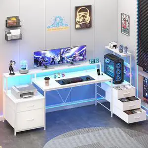 63" Gaming Desk with LED Lights & Outlets, Reversible Computer Desk with 5 Drawers & Printer Shelf, Gamer Desk Table with Storage Shelves & Monitor Stand, White 63" Gaming Desk with LED Lights & Outlets, Reversible Computer Desk with 5 Drawers & Printer Shelf, Gamer Desk Table with Storage Shelves & Monitor Stand, White