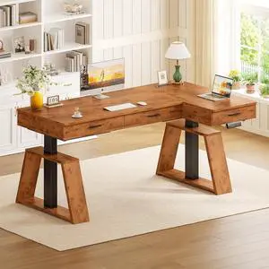 59 Inch L Shaped Electric Standing Desk with Drawers, Executive Adjustable Desk with Power Outlets, Sit Stand Computer Table for Home Office, Rustic Brown 59 Inch L Shaped Electric Standing Desk with Drawers, Executive Adjustable Desk with Power Outlets, Sit Stand Computer Table for Home Office, Rustic Brown