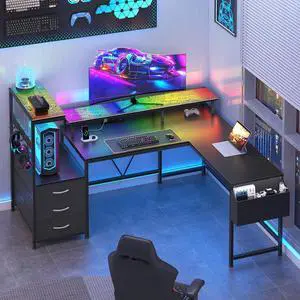 63" L Shaped Gaming Desk with Power Outlet & LED Lights, Reversible L Shape Desk with 3 Drawers for Home Office, Large Corner Computer Desk with Monitor Stand, Pegboard, Black 63" L Shaped Gaming Desk with Power Outlet & LED Lights, Reversible L Shape Desk with 3 Drawers for Home Office, Large Corner Computer Desk with Monitor Stand, Pegboard, Black