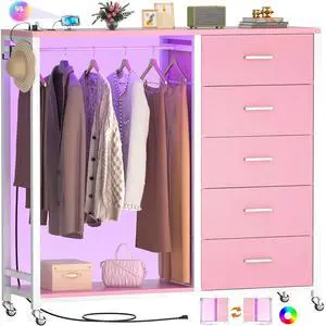Dresser with Hanging Rack, 5 Fabric Drawers Dresser with Clothes Rack, Wooden Top Storage Chest of Drawers with Charging Station & LED Lights, Lockable Wheels, Closet Dresser with Hanging Rack, 5 Fabric Drawers Dresser with Clothes Rack, Wooden Top Storage Chest of Drawers with Charging Station & LED Lights, Lockable Wheels, Closet