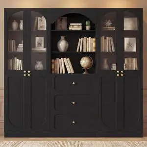 80" Tall Bookcase System with 3 Drawers, Arched Bookshelf with 4 Glass Doors, Wooden Pantry Storage Organizer Cabinets with 3-Tier Open Shelves for Living Room, Kitchen, Bathroom 80" Tall Bookcase System with 3 Drawers, Arched Bookshelf with 4 Glass Doors, Wooden Pantry Storage Organizer Cabinets with 3-Tier Open Shelves for Living Room, Kitchen, Bathroom