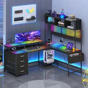 L Shaped Gaming Desk with Hutch, Reversible Computer Corner Desk with Drawers, Gaming Desk with LED Lights Panel, Power Outlets, Pegboard and Monitor Stand, Black L Shaped Gaming Desk with Hutch, Reversible Computer Corner Desk with Drawers, Gaming Desk with LED Lights Panel, Power Outlets, Pegboard and Monitor Stand, Black