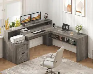 Farmhouse 63" L Shaped Desk with Drawers, Home Office Desks with Storage Shelves and Printer Stand, Corner Computer Desk with Power Outlets and Monitor Stand,Grey Farmhouse 63" L Shaped Desk with Drawers, Home Office Desks with Storage Shelves and Printer Stand, Corner Computer Desk with Power Outlets and Monitor Stand,Grey