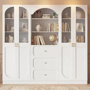 80" Tall Bookcase System with 3 Drawers, Arched Bookshelf with 4 Glass Doors, Wooden Pantry Storage Organizer Cabinets with 3-Tier Open Shelves for Living Room, Kitchen, Bathroom 80" Tall Bookcase System with 3 Drawers, Arched Bookshelf with 4 Glass Doors, Wooden Pantry Storage Organizer Cabinets with 3-Tier Open Shelves for Living Room, Kitchen, Bathroom