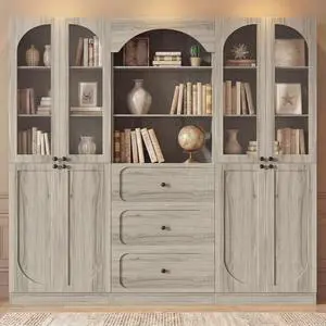 80" Tall Bookcase System with 3 Drawers, Arched Bookshelf with 4 Glass Doors, Wooden Pantry Storage Organizer Cabinets with 3-Tier Open Shelves for Living Room, Kitchen, Bathroom 80" Tall Bookcase System with 3 Drawers, Arched Bookshelf with 4 Glass Doors, Wooden Pantry Storage Organizer Cabinets with 3-Tier Open Shelves for Living Room, Kitchen, Bathroom