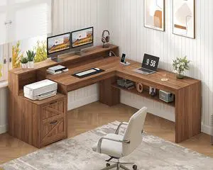 Farmhouse 63" L Shaped Desk with Drawers, Home Office Desks with Storage Shelves and Printer Stand, Corner Computer Desk with Power Outlets and Monitor Stand, Brown Farmhouse 63" L Shaped Desk with Drawers, Home Office Desks with Storage Shelves and Printer Stand, Corner Computer Desk with Power Outlets and Monitor Stand, Brown