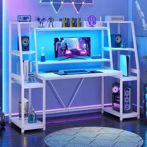White Gaming Desk 65.7'' with LED Lights, Hutch and Storage Shelves, Computer Desk with Monitor Stand, Large PC Gamer Desk Workstation, Ergonomic Gaming Table for Bedroom, Living Room White Gaming Desk 65.7'' with LED Lights, Hutch and Storage Shelves, Computer Desk with Monitor Stand, Large PC Gamer Desk Workstation, Ergonomic Gaming Table for Bedroom, Living Room