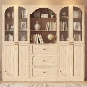 80" Tall Bookcase System with 3 Drawers, Arched Bookshelf with 4 Glass Doors, Wooden Pantry Storage Organizer Cabinets with 3-Tier Open Shelves for Living Room, Kitchen, Bathroom 80" Tall Bookcase System with 3 Drawers, Arched Bookshelf with 4 Glass Doors, Wooden Pantry Storage Organizer Cabinets with 3-Tier Open Shelves for Living Room, Kitchen, Bathroom