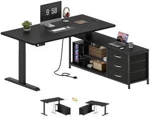 L Shaped Electric Standing Desk with Drawers & Shelves, Height Adjustable Corner Computer Desk with Power Outlets, 55 Inch Sit Stand Executive Desk with 3 Fabric Drawer for Home Office, Black L Shaped Electric Standing Desk with Drawers & Shelves, Height Adjustable Corner Computer Desk with Power Outlets, 55 Inch Sit Stand Executive Desk with 3 Fabric Drawer for Home Office, Black