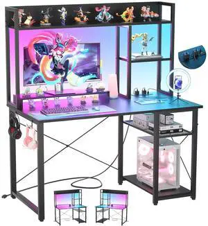Gaming Desk with Hutch, 39'' Computer Desk with LED Lights & Power Outlets, Home Office Desk with Reversible 5 Tiers Storage Shelves & Monitor Stand, Small Gaming Table for Small Space, Black Gaming Desk with Hutch, 39'' Computer Desk with LED Lights & Power Outlets, Home Office Desk with Reversible 5 Tiers Storage Shelves & Monitor Stand, Small Gaming Table for Small Space, Black