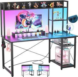 Gaming Desk with Hutch, 47'' Computer Desk with LED Lights & Power Outlets, Home Office Desk with Reversible 5 Tiers Storage Shelves & Monitor Stand, Small Gaming Table for Small Space, Black Gaming Desk with Hutch, 47'' Computer Desk with LED Lights & Power Outlets, Home Office Desk with Reversible 5 Tiers Storage Shelves & Monitor Stand, Small Gaming Table for Small Space, Black