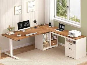 Farmhouse L Shaped Standing Desk, 66 inch Corner Electric Standing Desk with Drawers Storage Shelves, Height Adjustable Computer Desk with Power Outlets for Home Office (Antique White) Farmhouse L Shaped Standing Desk, 66 inch Corner Electric Standing Desk with Drawers Storage Shelves, Height Adjustable Computer Desk with Power Outlets for Home Office (Antique White)