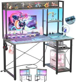 Gaming Desk with Hutch, 39'' Computer Desk with LED Lights & Power Outlets, Home Office Desk with Reversible 5 Tiers Storage Shelves & Monitor Stand, Small Gaming Table for Small Space, Grey Gaming Desk with Hutch, 39'' Computer Desk with LED Lights & Power Outlets, Home Office Desk with Reversible 5 Tiers Storage Shelves & Monitor Stand, Small Gaming Table for Small Space, Grey