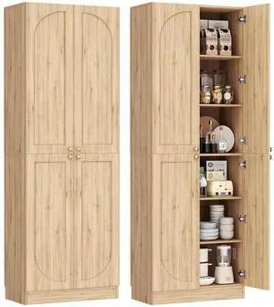 80" Kitchen Pantry, Extra Tall Arch Storage Cabinet with 4 Soft Close Doors and Adjustable Shelves, Freestanding Wood Cupboard with Seamless Fit Wall for Dining Living Room Bathroom Furniture 80" Kitchen Pantry, Extra Tall Arch Storage Cabinet with 4 Soft Close Doors and Adjustable Shelves, Freestanding Wood Cupboard with Seamless Fit Wall for Dining Living Room Bathroom Furniture