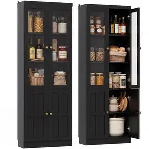 Kitchen Pantry Cabinet, 80" Wood Pantry Storage Cabinet with Doors and Adjustable Shelves, Kitchen Cabinet with Thickened Top Panel, Tall Cabinet for Livingroom, Pantry, Bathroom, Black Kitchen Pantry Cabinet, 80" Wood Pantry Storage Cabinet with Doors and Adjustable Shelves, Kitchen Cabinet with Thickened Top Panel, Tall Cabinet for Livingroom, Pantry, Bathroom, Black