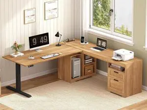 Fluted L Shaped Standing Desk, 66 inch Corner Electric Standing Desk with Drawers Storage Shelves, Height Adjustable Computer Desk with Power Outlets for Home Office (Oak) Fluted L Shaped Standing Desk, 66 inch Corner Electric Standing Desk with Drawers Storage Shelves, Height Adjustable Computer Desk with Power Outlets for Home Office (Oak)