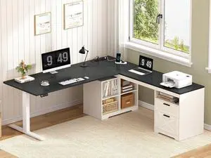 Farmhouse L Shaped Standing Desk, 66 inch Corner Electric Standing Desk with Drawers Storage Shelves, Height Adjustable Computer Desk with Power Outlets for Home Office (Black and White) Farmhouse L Shaped Standing Desk, 66 inch Corner Electric Standing Desk with Drawers Storage Shelves, Height Adjustable Computer Desk with Power Outlets for Home Office (Black and White)