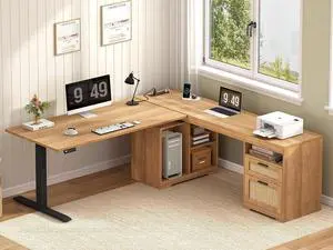 Farmhouse L Shaped Standing Desk, 66 inch Rattan Corner Electric Standing Desk with Drawers Storage Shelves, Height Adjustable Computer Desk with Power Outlets for Home Office (Natural Oak) Farmhouse L Shaped Standing Desk, 66 inch Rattan Corner Electric Standing Desk with Drawers Storage Shelves, Height Adjustable Computer Desk with Power Outlets for Home Office (Natural Oak)