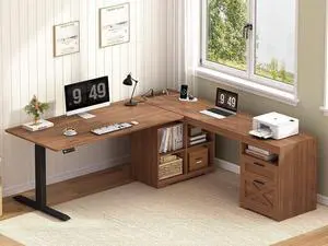 Farmhouse L Shaped Standing Desk, 66 inch Corner Electric Standing Desk with Drawers Storage Shelves, Height Adjustable Computer Desk with Power Outlets for Home Office (Brown) Farmhouse L Shaped Standing Desk, 66 inch Corner Electric Standing Desk with Drawers Storage Shelves, Height Adjustable Computer Desk with Power Outlets for Home Office (Brown)