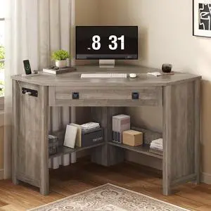 Small Corner Desk with Power Outlets, Farmhouse Corner Desk with Storage for Small Space, Triangle Computer Desk for Home Office, Workstation, Living Room, Bedroom, Grey Small Corner Desk with Power Outlets, Farmhouse Corner Desk with Storage for Small Space, Triangle Computer Desk for Home Office, Workstation, Living Room, Bedroom, Grey