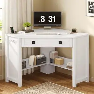 Small Corner Desk with Power Outlets, Farmhouse Corner Desk with Storage for Small Space, Triangle Computer Desk for Home Office, Workstation, Living Room, Bedroom, White Small Corner Desk with Power Outlets, Farmhouse Corner Desk with Storage for Small Space, Triangle Computer Desk for Home Office, Workstation, Living Room, Bedroom, White