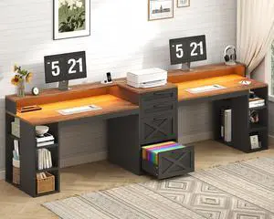Farmhouse 2 Person Computer Desk with 4 Drawers and Power Outlets, 94.5" Long Office Desk with Printer Shelf, Monitor Stand, Gaming Desk with LED Lights, Brown and Black Farmhouse 2 Person Computer Desk with 4 Drawers and Power Outlets, 94.5" Long Office Desk with Printer Shelf, Monitor Stand, Gaming Desk with LED Lights, Brown and Black