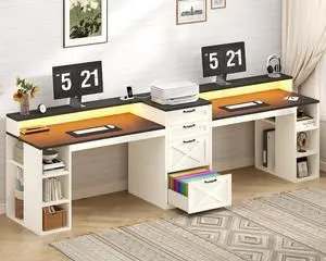 Farmhouse 2 Person Computer Desk with 4 Drawers and Power Outlets, 94.5" Long Office Desk with Printer Shelf, Monitor Stand, Gaming Desk with LED Lights, Black and White Farmhouse 2 Person Computer Desk with 4 Drawers and Power Outlets, 94.5" Long Office Desk with Printer Shelf, Monitor Stand, Gaming Desk with LED Lights, Black and White