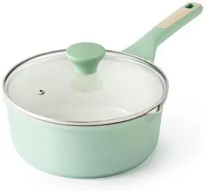 Ceramic Nonstick Saucepan with Double Pouring Spout 3.0 Quarts, Cooking Pot with Stay Cool Handle, Induction Compatible, Ceramic Coating, Free of Intentionally Added PFOA/PFAS, Green Ceramic Nonstick Saucepan with Double Pouring Spout 3.0 Quarts, Cooking Pot with Stay Cool Handle, Induction Compatible, Ceramic Coating, Free of Intentionally Added PFOA/PFAS, Green