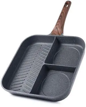 Nonstick 11-Inch Square Grill Pan, 3-Section Versatile Breakfast Skillet, Die-cast Aluminum, PFOA, PFOS, APEO Free, Induction, Gas, Electric, Glass, Ceramic Nonstick 11-Inch Square Grill Pan, 3-Section Versatile Breakfast Skillet, Die-cast Aluminum, PFOA, PFOS, APEO Free, Induction, Gas, Electric, Glass, Ceramic