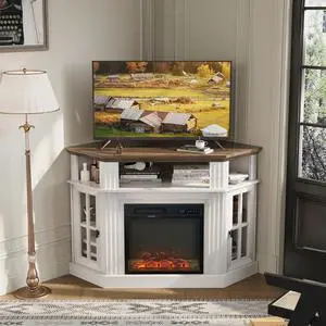 Fireplace Corner TV Stand for TVs up to 55 Inch, Entertainment Center with 18" Fireplace, TV Console Table with Glass Door Storage Cabinet and Open Shelf (White) Fireplace Corner TV Stand for TVs up to 55 Inch, Entertainment Center with 18" Fireplace, TV Console Table with Glass Door Storage Cabinet and Open Shelf (White)