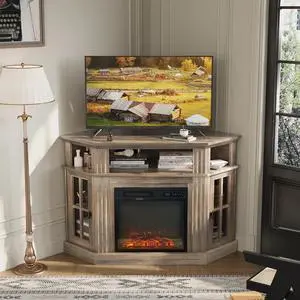 Fireplace Corner TV Stand for TVs up to 55 Inch, Entertainment Center with 18" Fireplace, TV Console Table with Glass Door Storage Cabinet and Open Shelf (Rustic Oak) Fireplace Corner TV Stand for TVs up to 55 Inch, Entertainment Center with 18" Fireplace, TV Console Table with Glass Door Storage Cabinet and Open Shelf (Rustic Oak)