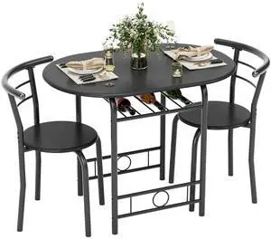 Dining Table for 2, 3 Piece Round Table & Chair Set, Small Kitchen Table for Breakfast Nook, Wood Grain Tabletop and Built-in Storage Rack, Space Saving for Kitchen, Dining Room (Black) Dining Table for 2, 3 Piece Round Table & Chair Set, Small Kitchen Table for Breakfast Nook, Wood Grain Tabletop and Built-in Storage Rack, Space Saving for Kitchen, Dining Room (Black)