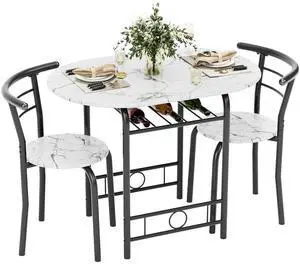 Dining Table for 2, 3 Piece Round Table & Chair Set, Small Kitchen Table for Breakfast Nook, Wood Grain Tabletop & Built-in Storage Rack, Space Saving for Kitchen, Dining Room (White & Black) Dining Table for 2, 3 Piece Round Table & Chair Set, Small Kitchen Table for Breakfast Nook, Wood Grain Tabletop & Built-in Storage Rack, Space Saving for Kitchen, Dining Room (White & Black)