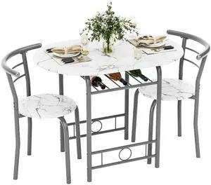 Dining Table for 2, 3 Piece Round Table & Chair Set, Small Kitchen Table for Breakfast Nook, Wood Grain Tabletop and Built-in Storage Rack, Space Saving for Kitchen, Dining Room (White) Dining Table for 2, 3 Piece Round Table & Chair Set, Small Kitchen Table for Breakfast Nook, Wood Grain Tabletop and Built-in Storage Rack, Space Saving for Kitchen, Dining Room (White)