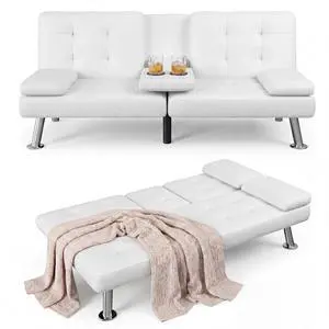 Futon Sofa Bed Modern Folding Futon Set PU Leather Convertible Recliner Lounge for Living Room with 2 Cup Holders, Removable Armrests (PU Leather, White) Futon Sofa Bed Modern Folding Futon Set PU Leather Convertible Recliner Lounge for Living Room with 2 Cup Holders, Removable Armrests (PU Leather, White)