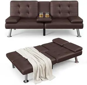 Futon Sofa Bed Modern Folding Futon Set Convertible Recliner Lounge for Living Room with 2 Cup Holders, Removable Armrests (PU Leather, Brown) Futon Sofa Bed Modern Folding Futon Set Convertible Recliner Lounge for Living Room with 2 Cup Holders, Removable Armrests (PU Leather, Brown)