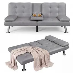Futon Sofa Bed Modern Folding Futon Set PU Leather Convertible Recliner Lounge for Living Room with 2 Cup Holders, Removable Armrests (PU Leather, Dark Grey) Futon Sofa Bed Modern Folding Futon Set PU Leather Convertible Recliner Lounge for Living Room with 2 Cup Holders, Removable Armrests (PU Leather, Dark Grey)