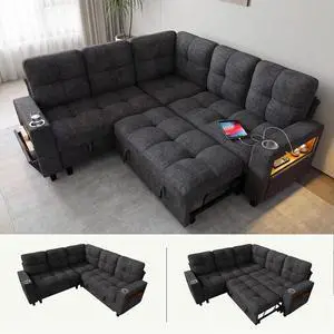 83" Modular Sectional Sofa with Pull Out Bed, Sectional Couch | Multiple Storage, USB & Type-C Charging, LED Lighting, 2 Cup Holder, L/U Shaped, Chenille, for Living Room, Apartment, Grey 83" Modular Sectional Sofa with Pull Out Bed, Sectional Couch | Multiple Storage, USB & Type-C Charging, LED Lighting, 2 Cup Holder, L/U Shaped, Chenille, for Living Room, Apartment, Grey