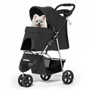 Foldable Pet Stroller with Weather Cover, 3 Wheels Pet Strolling Cart for Small/Medium Dogs and Cats with Storage Basket and Cup Holder, Breathable and Visible Mesh for All-Season, Black Foldable Pet Stroller with Weather Cover, 3 Wheels Pet Strolling Cart for Small/Medium Dogs and Cats with Storage Basket and Cup Holder, Breathable and Visible Mesh for All-Season, Black