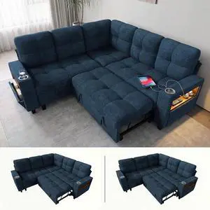 83" Modular Sectional Sofa with Pull Out Bed, Sectional Couch | Multiple Storage, USB & Type-C Charging, LED Lighting, 2 Cup Holder, L/U Shaped, Chenille, for Living Room, Apartment, Blue 83" Modular Sectional Sofa with Pull Out Bed, Sectional Couch | Multiple Storage, USB & Type-C Charging, LED Lighting, 2 Cup Holder, L/U Shaped, Chenille, for Living Room, Apartment, Blue