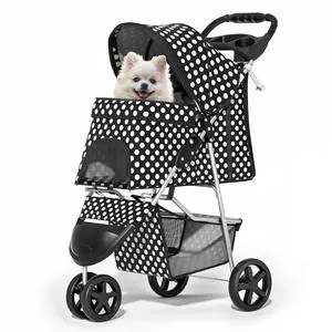 3 Wheels Pet Dog Cat Stroller for Small Medium Dogs Cats, Foldable Jogger Stroller w/Storage Basket and Cup Holder, Black Polka Dots 3 Wheels Pet Dog Cat Stroller for Small Medium Dogs Cats, Foldable Jogger Stroller w/Storage Basket and Cup Holder, Black Polka Dots