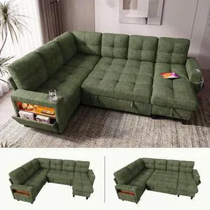108" Modular Sectional Sofa with Pull Out Bed, Sectional Couch | Multiple Storage, USB & Type-C Charging, LED Lighting, 2 Cup Holder, L/U Shaped, Chenille, for Living Room, Apartment, Green 108" Modular Sectional Sofa with Pull Out Bed, Sectional Couch | Multiple Storage, USB & Type-C Charging, LED Lighting, 2 Cup Holder, L/U Shaped, Chenille, for Living Room, Apartment, Green