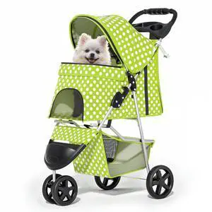 3 Wheels Pet Dog Cat Stroller for Small Medium Dogs Cats, Foldable Jogger Stroller w/Storage Basket and Cup Holder, Lawn Green Polka Dots 3 Wheels Pet Dog Cat Stroller for Small Medium Dogs Cats, Foldable Jogger Stroller w/Storage Basket and Cup Holder, Lawn Green Polka Dots