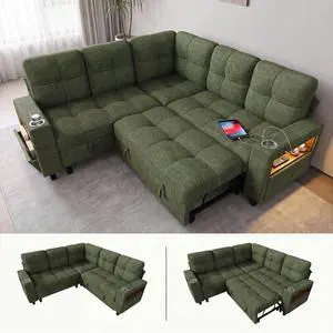 83" Modular Sectional Sofa with Pull Out Bed, Sectional Couch | Multiple Storage, USB & Type-C Charging, LED Lighting, 2 Cup Holder, L/U Shaped, Chenille, for Living Room, Apartment, Green 83" Modular Sectional Sofa with Pull Out Bed, Sectional Couch | Multiple Storage, USB & Type-C Charging, LED Lighting, 2 Cup Holder, L/U Shaped, Chenille, for Living Room, Apartment, Green