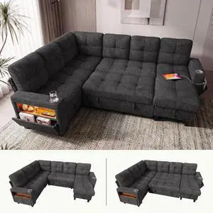 108" Modular Sectional Sofa with Pull Out Bed, Sectional Couch | Multiple Storage, USB & Type-C Charging, LED Lighting, 2 Cup Holder, L/U Shaped, Chenille, for Living Room, Apartment, Grey 108" Modular Sectional Sofa with Pull Out Bed, Sectional Couch | Multiple Storage, USB & Type-C Charging, LED Lighting, 2 Cup Holder, L/U Shaped, Chenille, for Living Room, Apartment, Grey